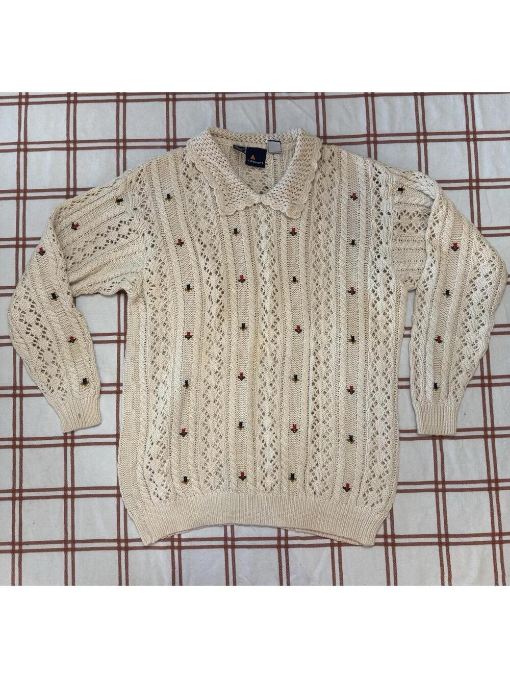 Vintage Liz Sport Knit Flower Bud Sweater Cotton Cable Beachy Cottagecore - Sz M